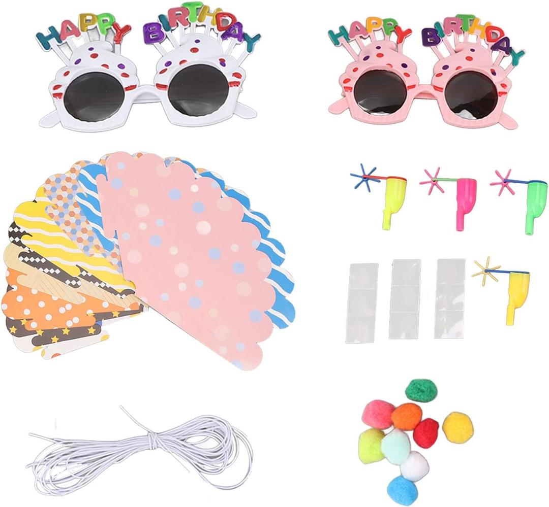 Birthday Crowns for Kids, Funny Party Cone Hats Set, 18pcs Colorful Birthday Party Hats for Kids 4pcs Happy Birthday Glasses 8pcs Birthday Whistles Party Decor