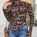 RoseSeek Women's Off Shoulder Tie Dye Mesh T Shirt Long Sleeve Asymmetrical Hem Ruched Fitted Tee Tops (Brown, M)