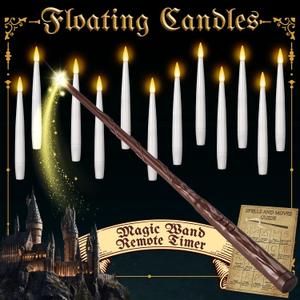 NURADA Floating Candles with Wand Remote Timer - Magic LED Hanging Flameless Taper Candles Flickering Battery Operated for Birthday Theme Party Halloween Home Window Decor - White 12 Pack