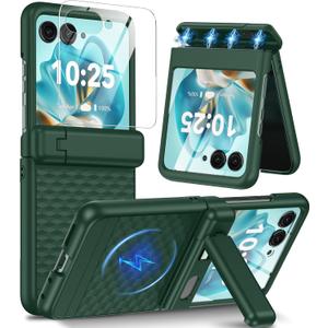 Magnetic for Motorola Razr Ultra 2025 Case [Fit for Magsafe] [Hinge ProtectionKickstand] [Built-in Screen Protector] [15FT Drop Protection]Shockproof Slim Phone Case for Moto Razr Ultra 2025 (Green)