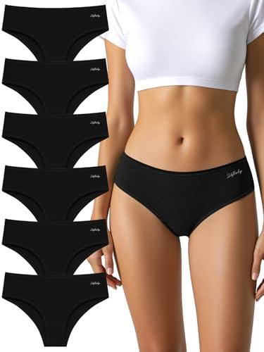 DHFBABY Womens Underwear Cotton Panties Soft Low Waist Hispter Breathable Stretch Ladies Bikini Underwear 6 Pack (US, Alpha, Medium, Regular, Regular, 6Black)