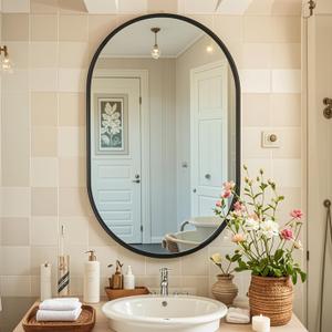 24x36 Black Oval Mirror, Bathroom Mirrors for Over Sink, Pill Shaped Mirror, Metal Framed Bathroom Vanity Mirrors for Wall, Modern Wall-Mounted Mirrors for Entryway, Hallway, Bedroom, Living Room