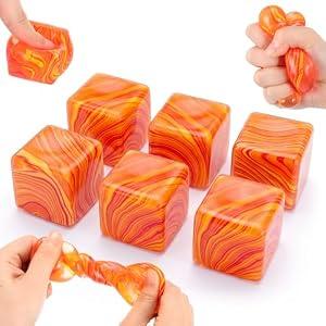 6 Pcs Stress Cube Bulk Swirl Ice Cube Stress Ball for Adults Anxiety Relief Soft Squeeze Sensory Square Ball for ADHD Prizes Goodie Bag Stuffers Party Favors (Orange)