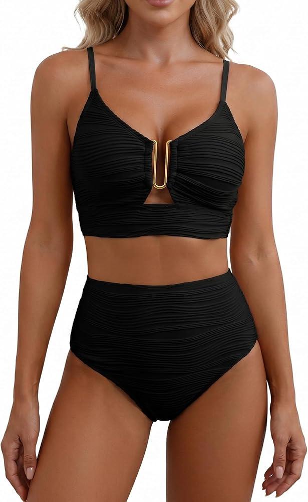 Women Bikini High Waist Tummy Control Cross Swimsuit Summer Beach Swimwear Nylon Blend Swimwear (Black, S)