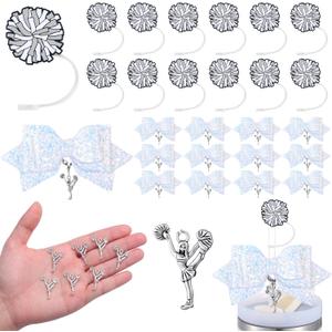 12 Set Cheer Team Gifts Bulk, White Cheerleading Tumbler Accessories, 10 mm Cheer Straw Toppers and Blue Glitter Bows with Cheerleaders Charms Cheerleader Tumblers Decor Party Favors (Silver)