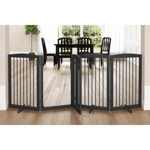PUPETPO Freestanding Dog Gates with Door Walk Through, Pet Gate for Stairs, 80 inch Wide Gates Indoor, Dog Fences Indoor, Support Feet Included, 4 Panels, 32" Tall, Grey