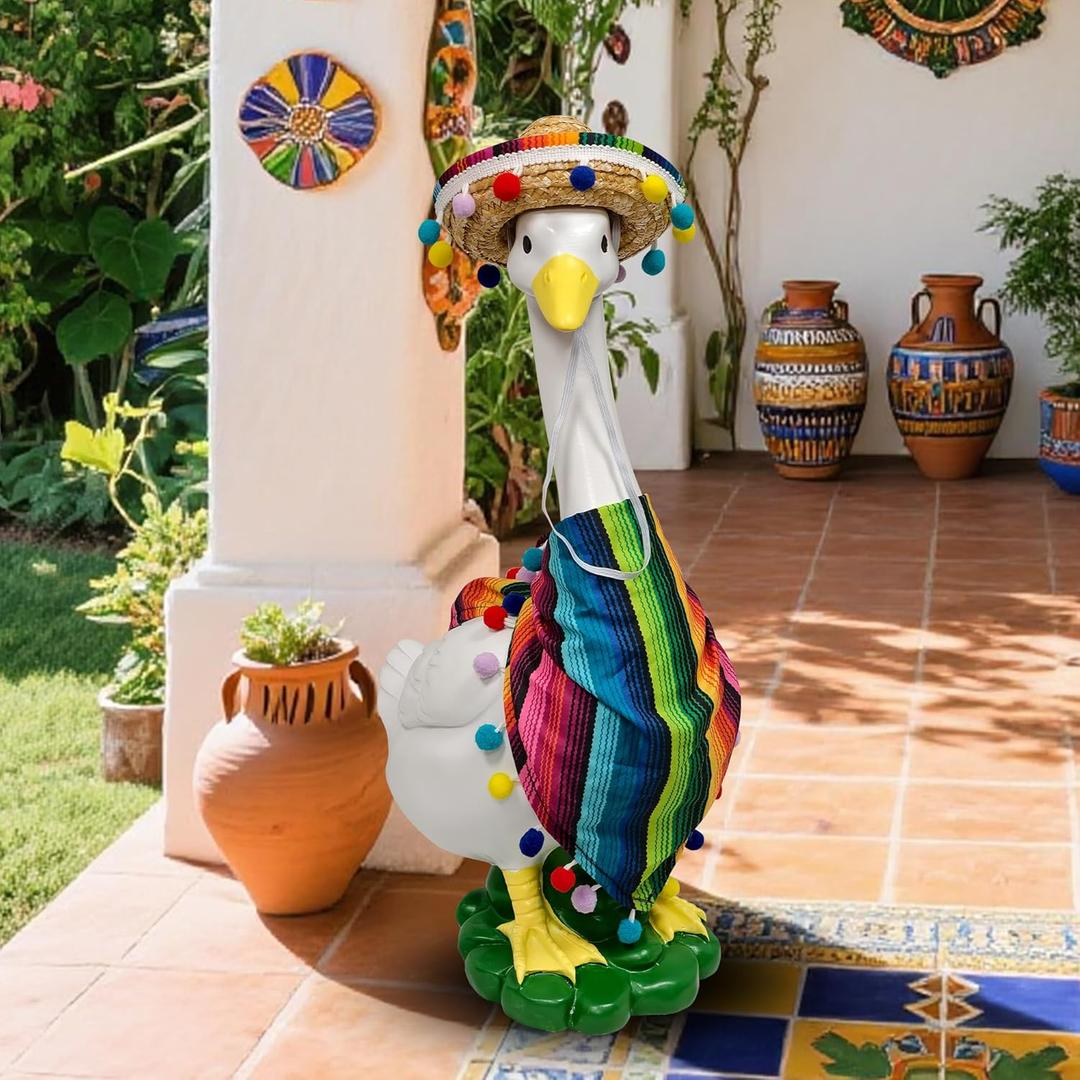 Porch Goose Statues + Porch Goose Outfits, 20" Large Durable Resin Goose Statue Decor with Fun Porch Goose Clothes, Mexican Sombrero Scarf Decorations DIY Indoor Outdoor Garden Patio Yard Lawn Gifts