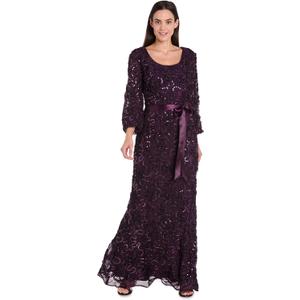 R&M Richards Women's Long Floral Soutache Sequin Lace Evening Gown W/Sheer Balloon Sleeves & Waist Tie, 6