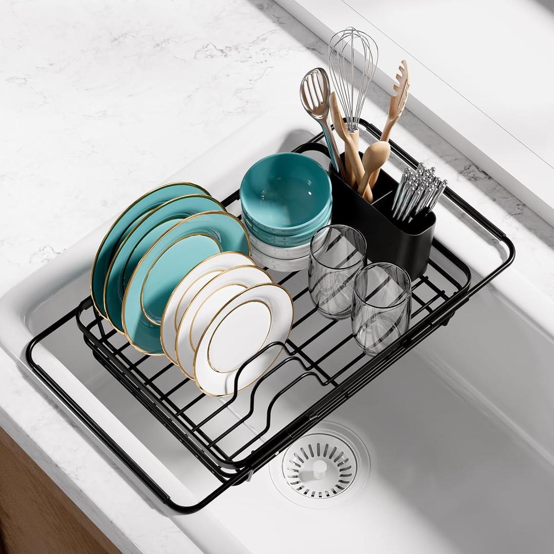 Dish Drying Rack in Sink - Expandable Stainless Steel Dish Rack Over The Sink, Kitchen Sink Drain Strainer with Cutlery Holder & Cup Holders, 15.2 x 10.0 x 4.2 Inch, Black Dish Drying Rack in Sink - Expandable Stainless Steel Dish Rack Over The Sink, Kitchen Sink Drain Strainer with Cutlery Holder & Cup Holders, 15.2 x 10.0 x 4.2 Inch, Black