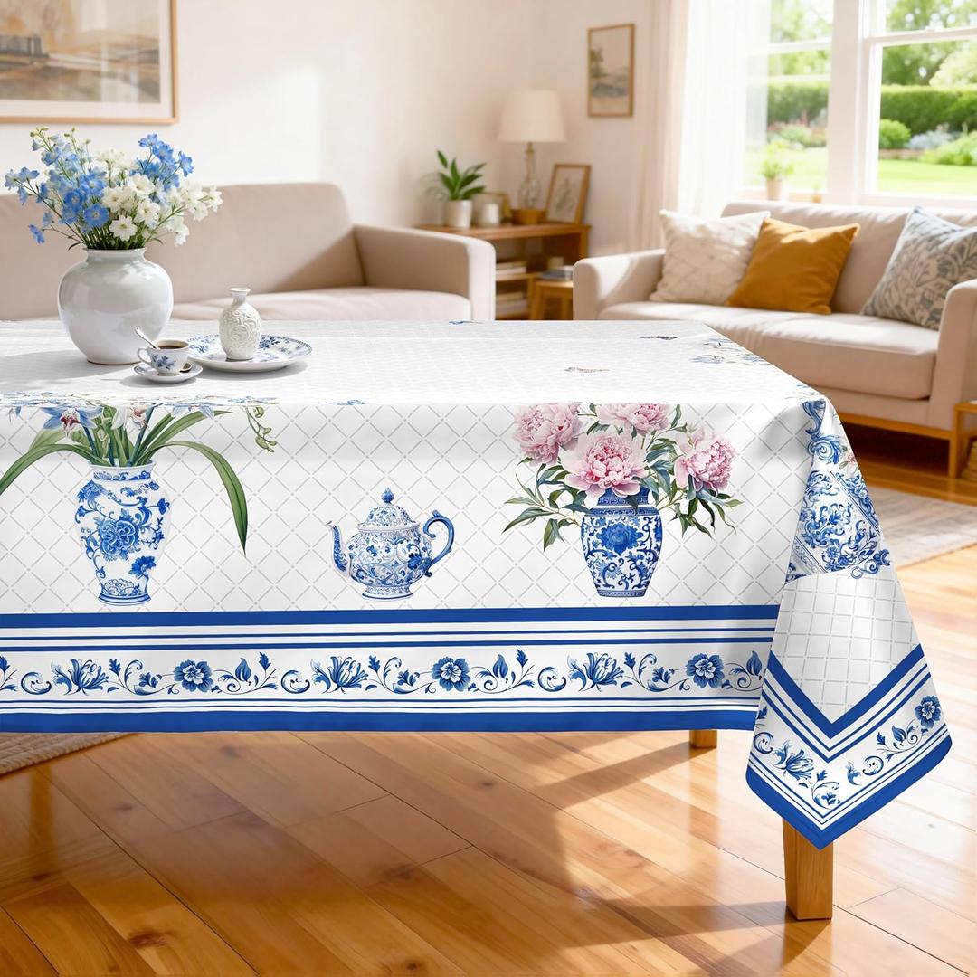 Blue Vase Floral Rectangle Tablecloth, Machine Washable Chinoiserie Bird Tablecloth, 70 * 55 inch, Polyester Rustic Decorative Table Cover for Dinner Kitchen Party Outdoor