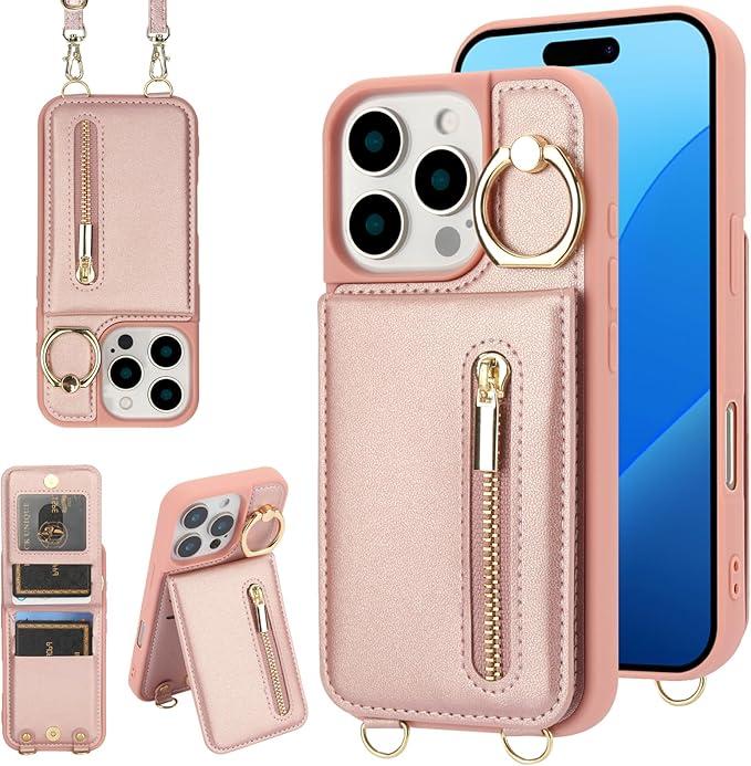 Crossbody Wallet Case for iPhone 16 Pro Max with Lanyard Strap Card Slot Holder RFID Blocking 360°Ring Kickstand,Magnetic Flip Folio Zipper Purse Case, PU Leather Cover Handbag,Rose Gold