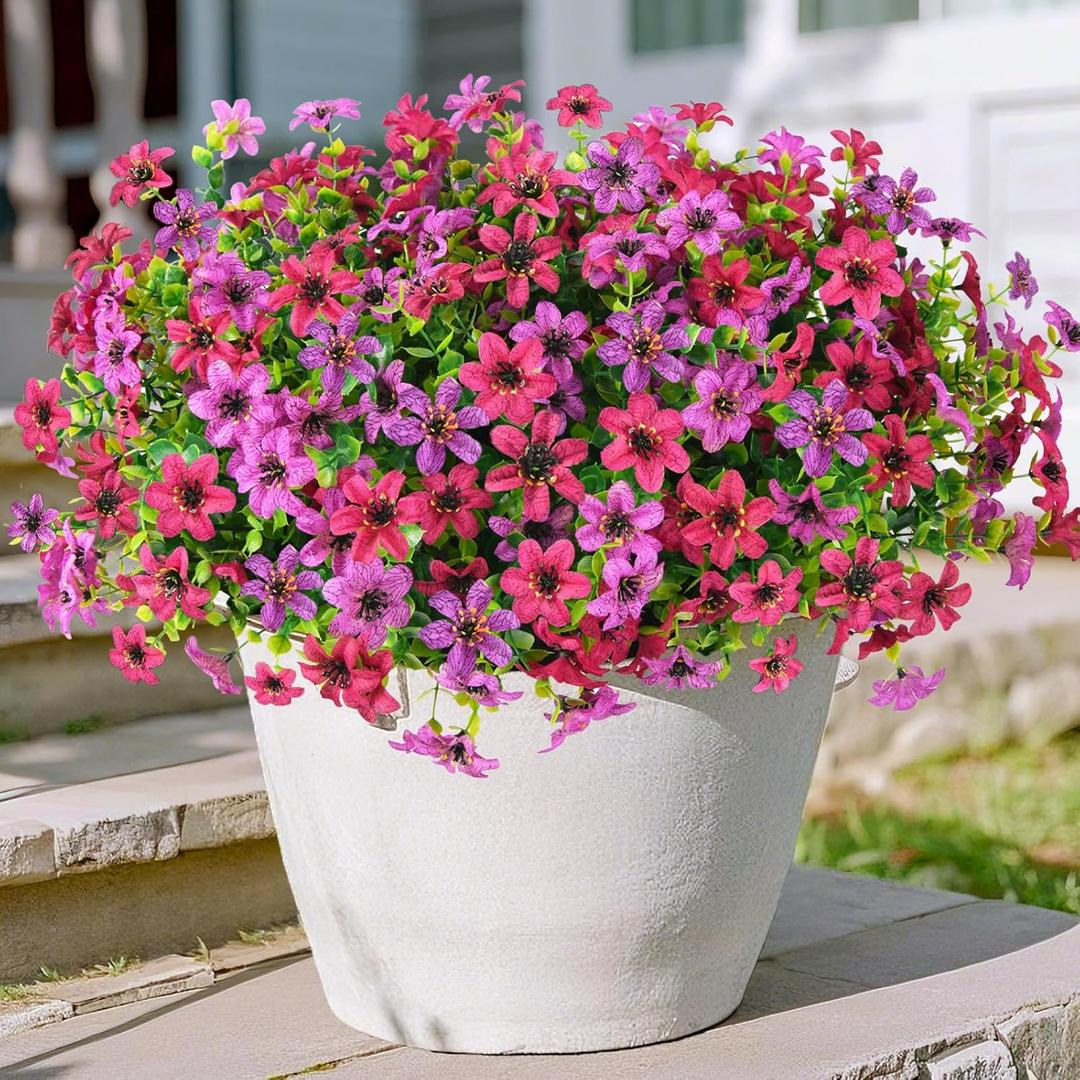 Artificial Flowers for Outdoors, 12 Bundles Multicolor Faux Silk Flower Spring Summer Decoration, Artificial Plants Fake Outdoor Flowers UV Resistant No Fade for Home Planter Porch Patio Yard Decor (Light Purple Red)