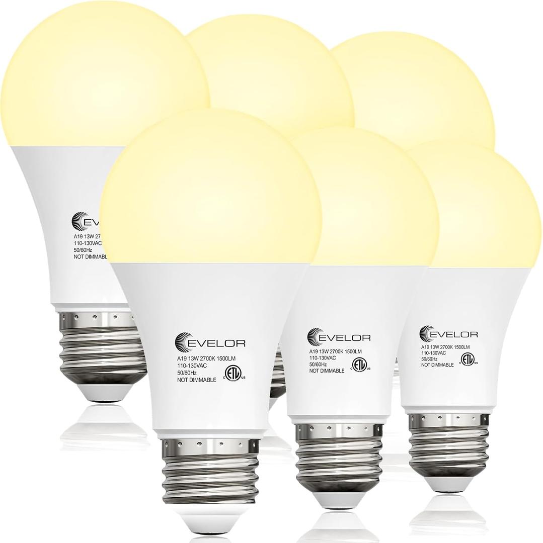 evelor 6-Packs A19 LED Light Bulbs,100 Watt Equivalent 2700K Soft Warm White Bright Bulbs Efficient 13W,1500 Lumens E26 Base, Non-Dimmable, 15000-Hour Lifespan for Bedroom, Living Room, Office