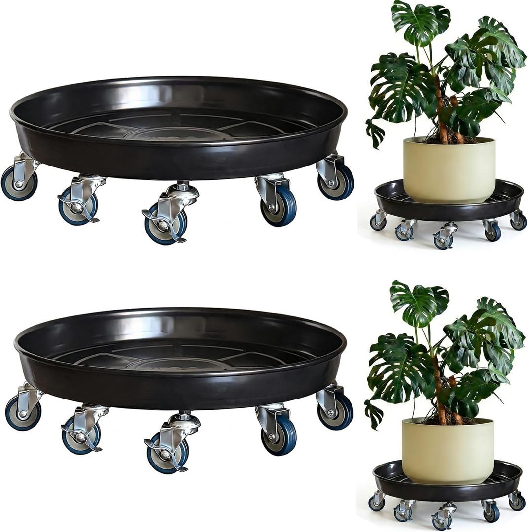 Rolling Planter Caddy(430lbs Capacity), Heavy Duty Metal Plant Stand with Brake Wheels Plant Dolly Mover Plant Pot Tray Saucer for Indoor Outdoor 16 Inches Black 2Pack