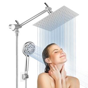 Rain Shower Head with Handheld, Lanhado 8'' High Pressure Rainfall 9 Settings Shower Head with 11'' Extension Arm, Holder & Hose, Anti-leak Waterfall, Chrome