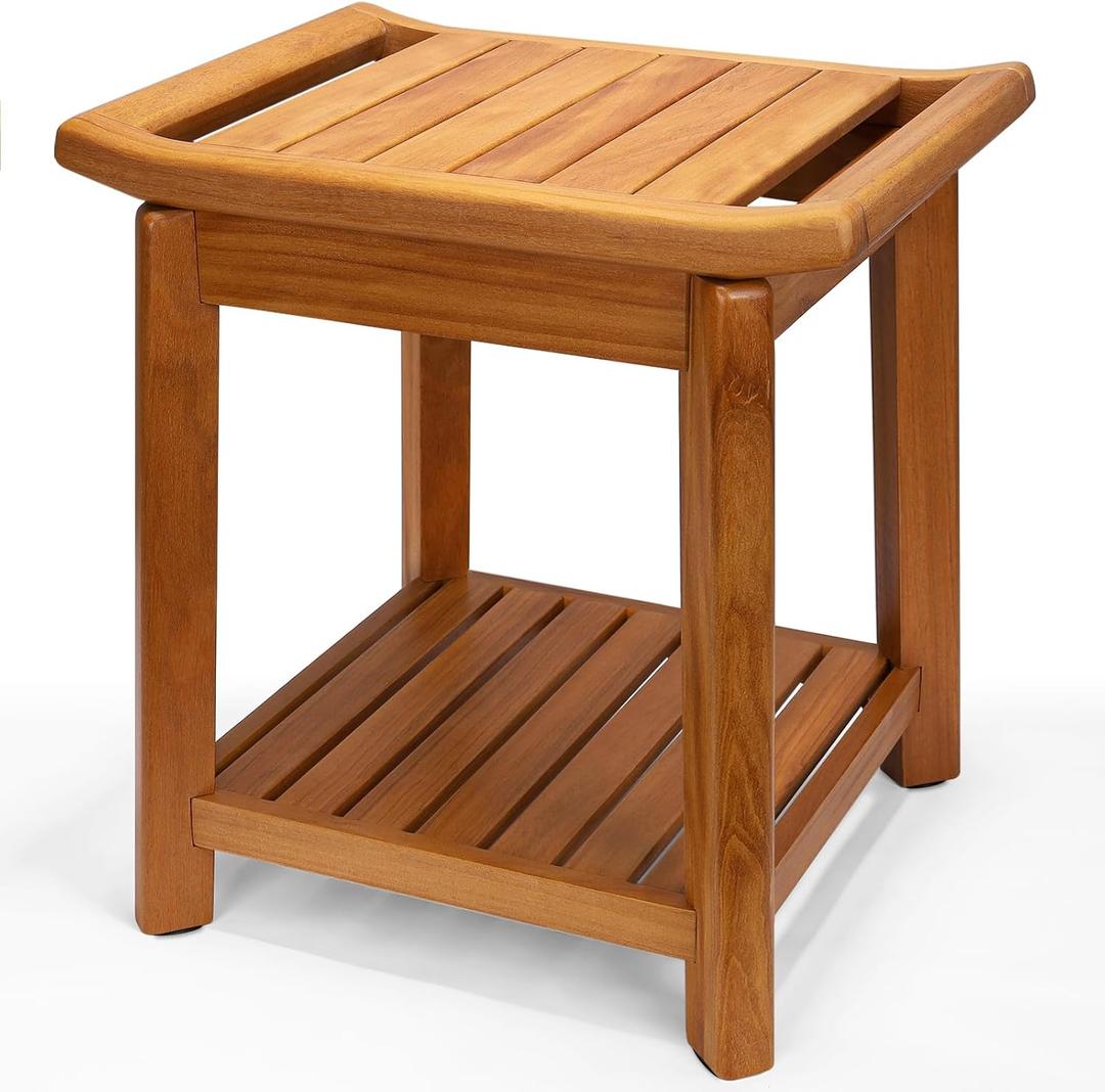 Teak Shower Stool 17" for Inside Shower, HeavyDuty Shower Bench Seat | Non-Slip Shower Stool with Storage Shelf, Waterproof Shower Chair for Seniors & Post Surgery, Safe Bathing & Everyday Comfort
