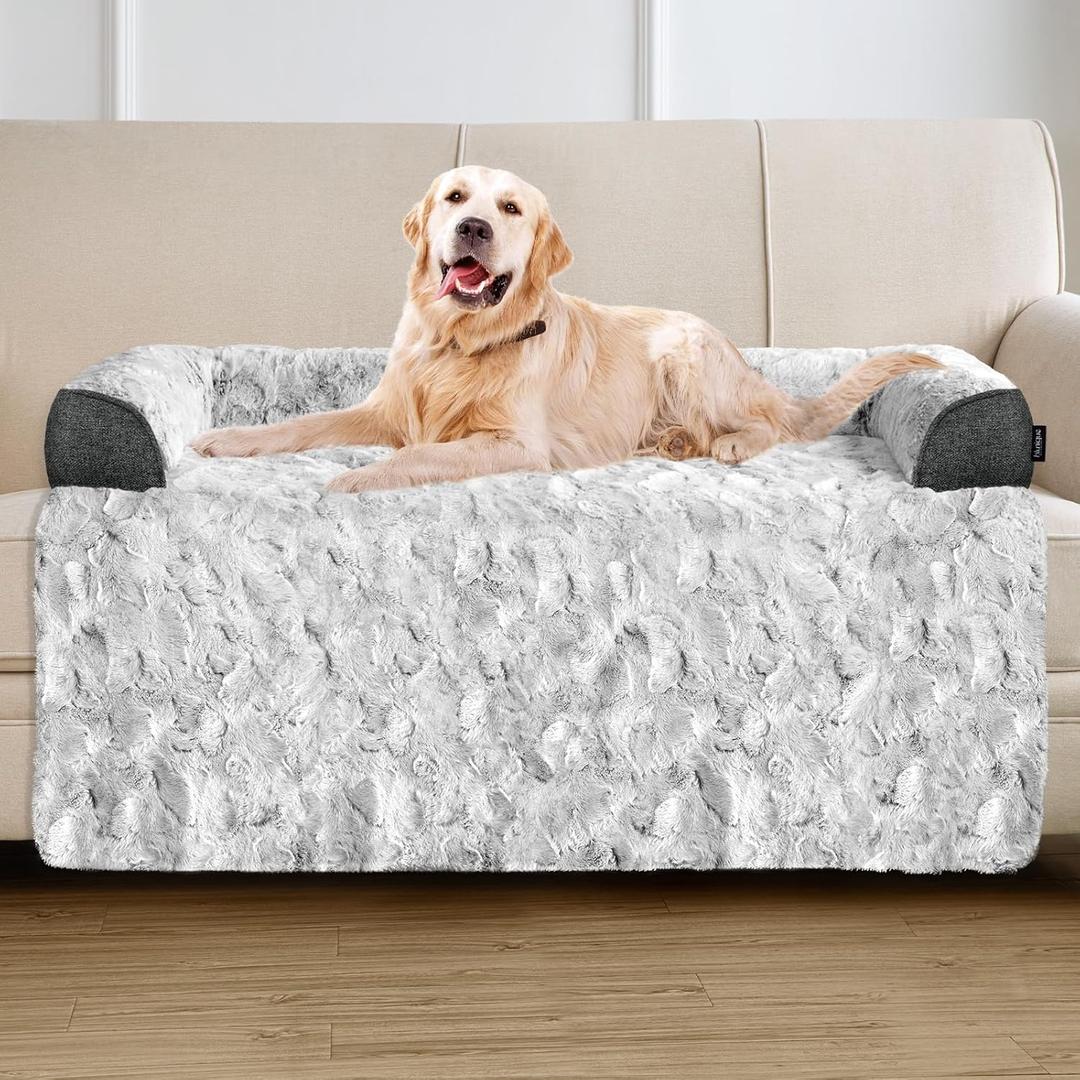 blunique Calming Extra Large Dog Bed for Couch, 45 x 37 inch Removable Couch Cover for Dogs Washable, Non Slip Fluffy Plush Dog Sofa Mat for Furniture Protector Grey