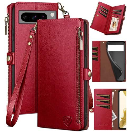XcaseBar for Google Pixel 8 Pro Wallet case with Zipper Credit Card Holder 【RFID Blocking】, Flip Folio Book PU Leather Phone case Shockproof Cover Women Men for Pixel 8Pro case Red