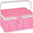 Sewing Basket (Pink, Large Rectangle) | Wooden Sewing Storage Box with Removable Tray, Vintage Sewing Carrying Bag for Sewing Mending, Beginner, Professional