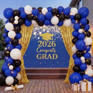 2 x Graduation Party Decorations- Large Outdoor 2026 Graduation Banner with Balloon Arch and Gold Curtain Backdrop- Navy Blue Gold 47x71graduates Porch Sign for High School College Party