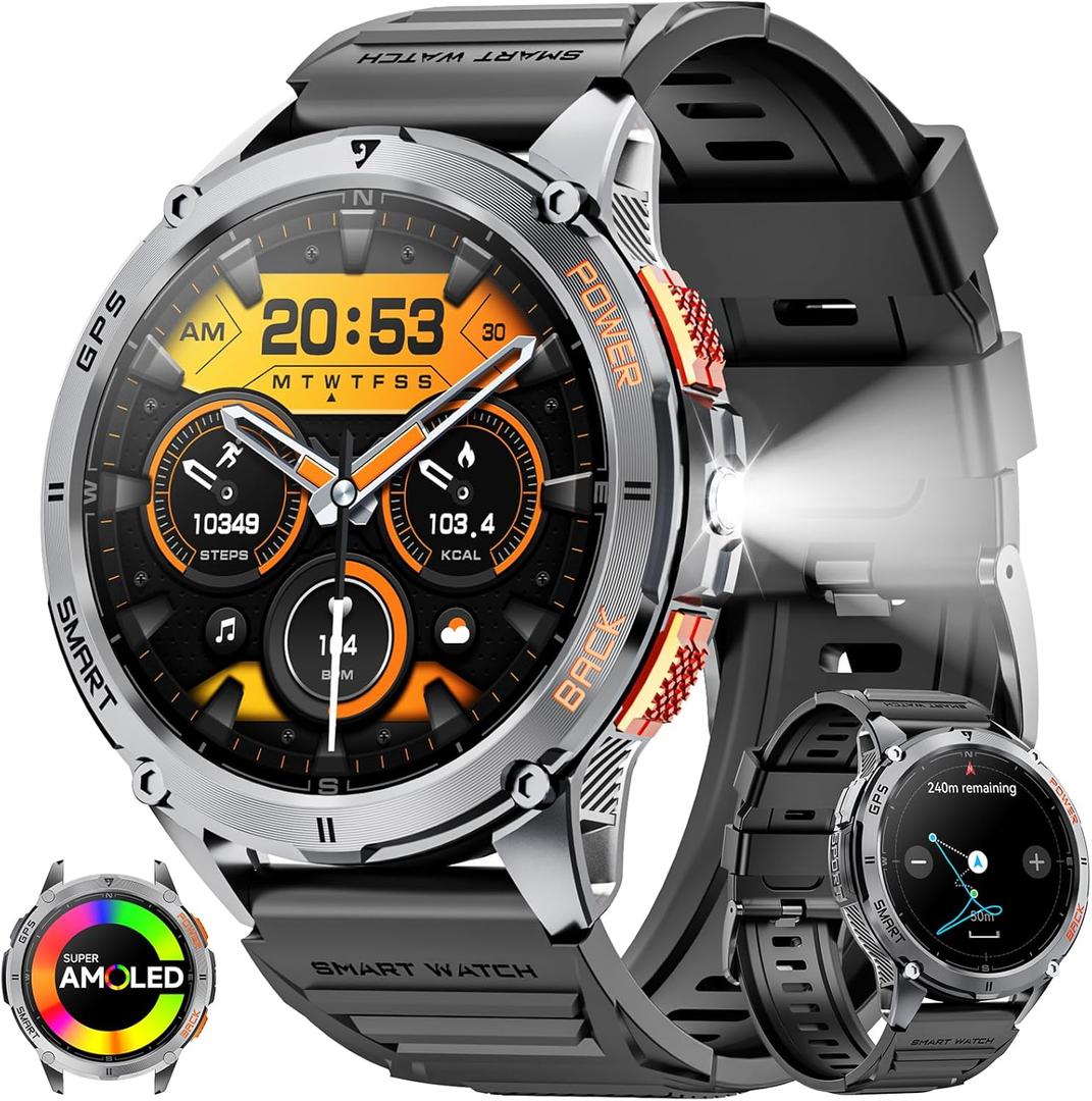 Military Smart Watches for Men with GPS, 1.43" AMOLED Bluetooth Call Smartwatch with LED Flashlight, Smart Watch for Android iOS, IP68 Waterproof Fitness Tracker with Heart Rate (Black)