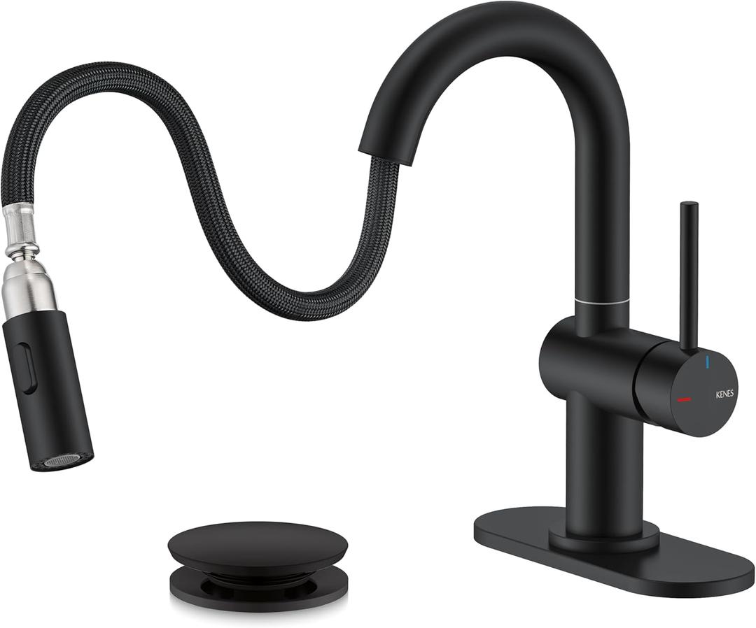 KENES Pull Down Bathroom Faucet with Sprayer, Matte Black Single Handle Bathroom Sink Faucet with Pull Out Sprayer, Vanity Bar Faucet with Pop Up Drain & Deck Plate, KE-9065B-2 (Short)