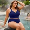Eytino Womens Plus Size Bikini Sets High Waisted V Neck Bahting Suits Two Piece Color Block Swimsuits(1X) (Blue)