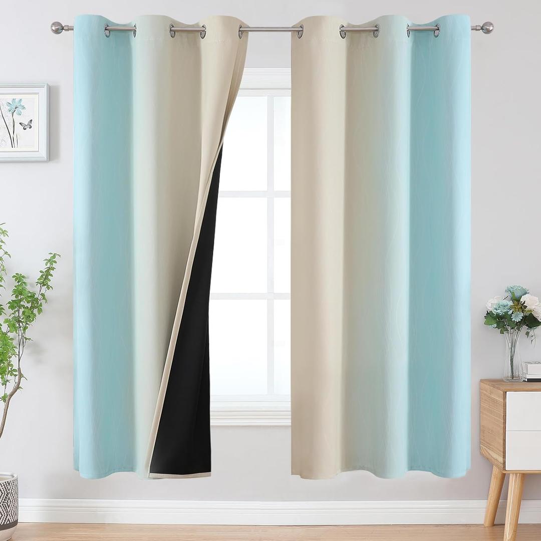 Aqua and Beige Ombre Blackout Curtains for Bedroom 72 Inch | Thermal Insulated Curtains for Living Room, Full Room Darkening, Energy Saving, Grommet Gradient Drapes, 42Wx72L, 2 Panels