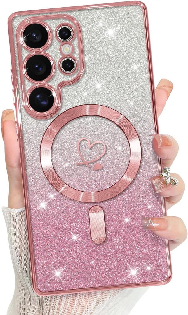 Bonoma Compatible with Samsung Galaxy S25 Ultra Case Support for MagSafe, Plating Heart Glitter Magnetic Case TPU Camera Protection Back Cover for Phone Case -Pink