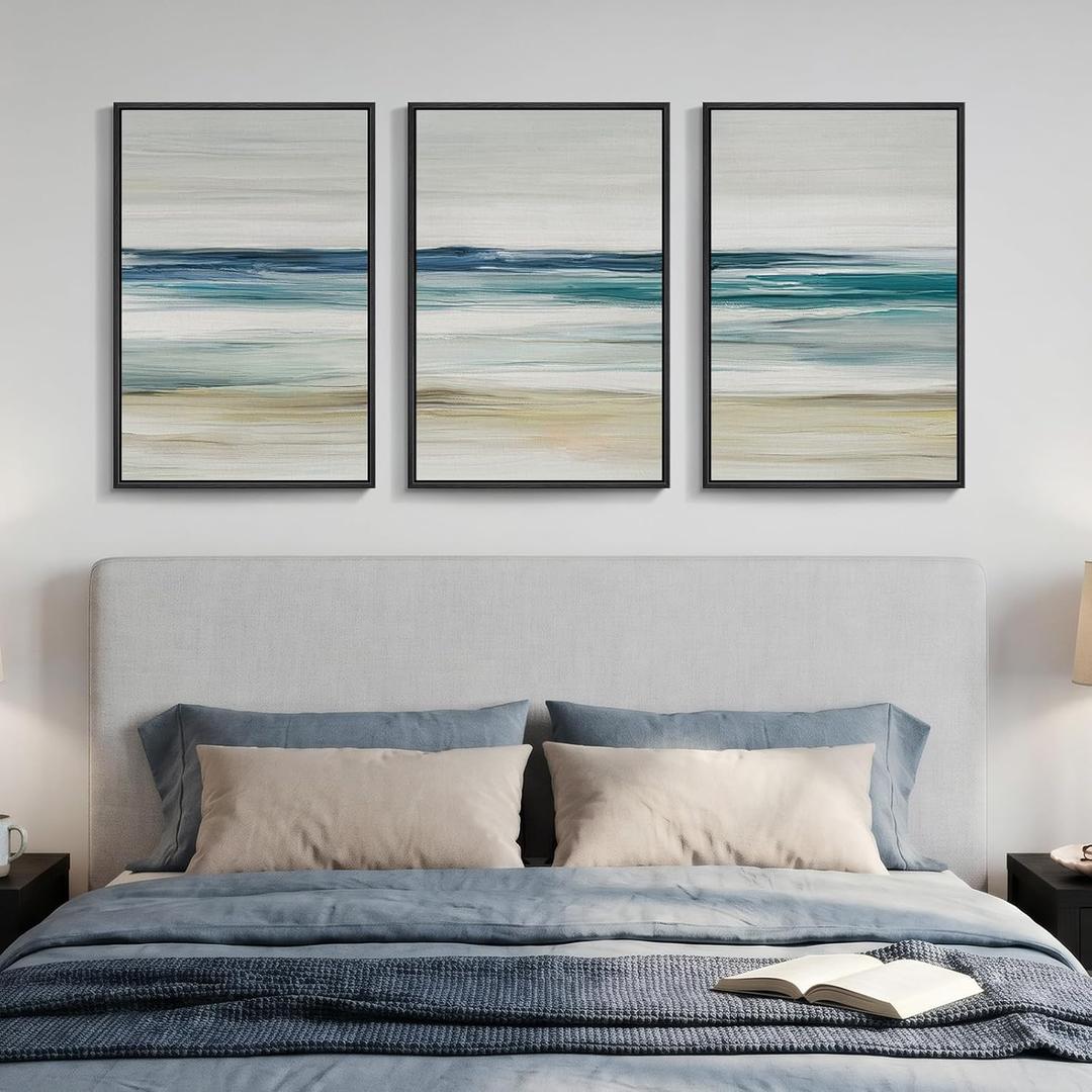 Framed Blue Abstract Coastal Ocean Seascape Wall Art Bedroom, 16x24 Inch, 16" W x 24" H x 3Pcs