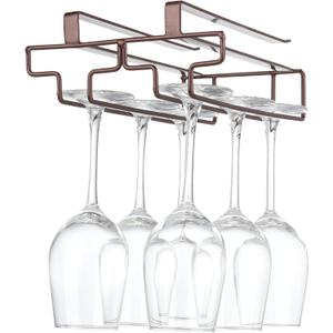 Wine Glass Rack Under Cabinet Drilling Free No Screw Steamware Holder Under Shelf Metal Wine Glasses Holders 304 Stainless Steel Hanger Storage Organizer Hanging Glass Fit for Bar Kitchen 2 Rows Brown