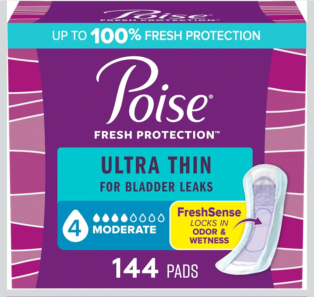 Poise Ultra Thin Incontinence Pads & Postpartum Pads for Bladder Leaks, 4 Drop Moderate Absorbency, Regular Length, 144 Count