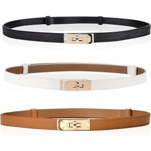 3 Pack Women Skinny Leather Belt,Slim Belt for Women, Adjustable Thin Belts with Adjustable Alloy Turn-Lock Buckle - Ideal for Dresses, Jeans, and Coats, Black,Brown and White (S)