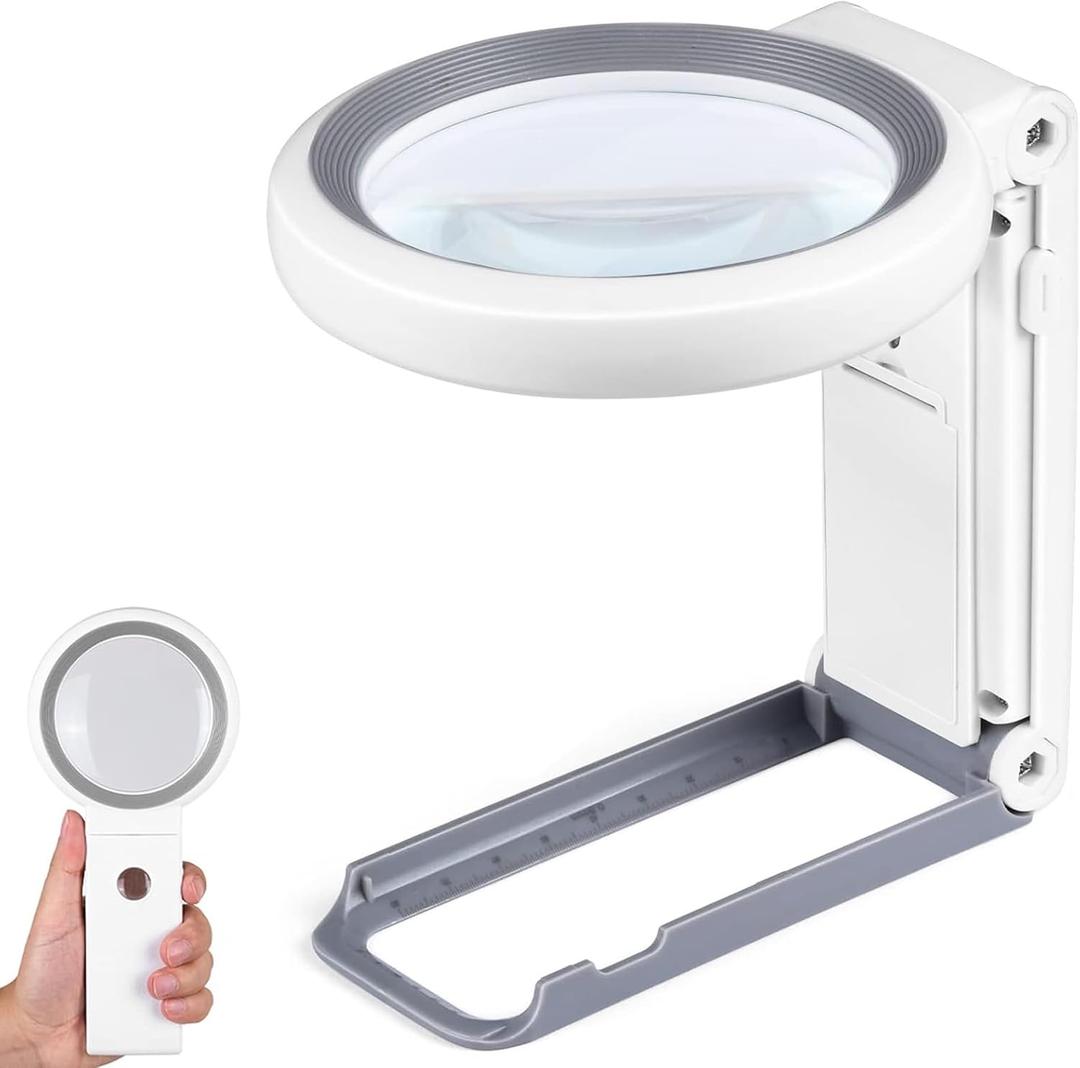 Magnifying Glass with Light and Stand, Foldable Handheld Magnifying Glass 18 LED Illuminated Lighted Magnifier for Macular Degeneration, Seniors Reading, Close Work, Coins, Jewelry White
