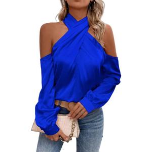 Women's Criss Cross Cold Shoulder Shirt Top Long Sleeve Halter Satin Blouse, M