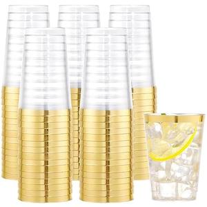 I00000 100PCS Gold Plastic Cups,10 oz Clear Plastic Cups with Gold Trim, Gold Plastic Beer Mugs，Disposable Hard Plastic Cups For Party, Premium Gold Rimmed Plastic Cups Perfect for Wedding & Party
