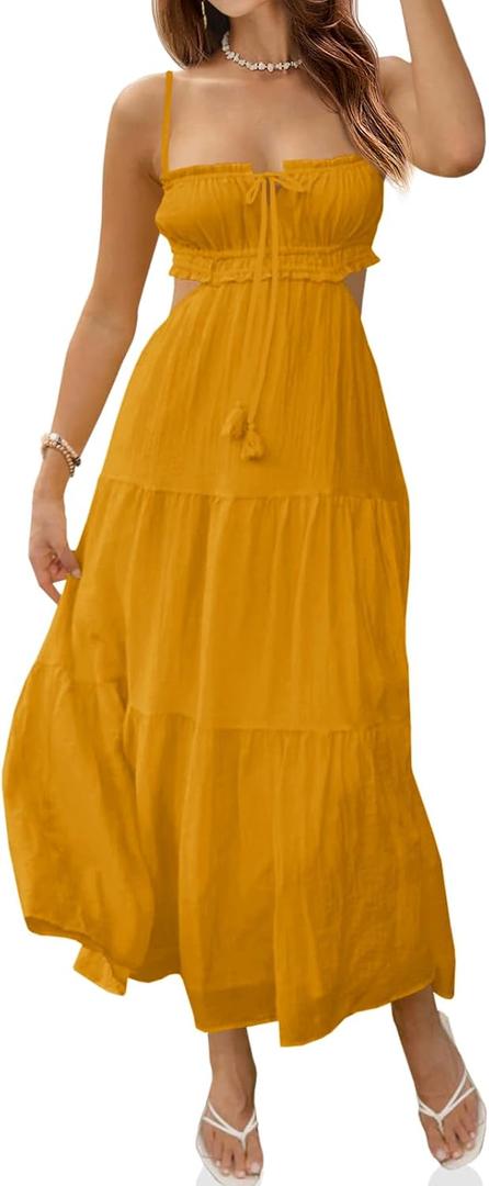 Fisoew Women's Spaghetti Strap Maxi Dress Summer Sleeveless Side Cut Out Dress Casual Boho Backless Flowy Long Dresses L