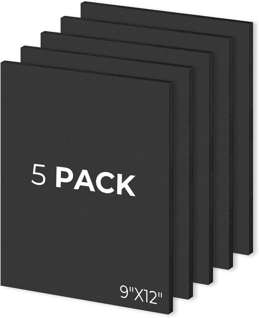 Mat Board Center, Pack of 5, 9X12 Foam Boards Acid Free Black Foam Core Boards for Mounting, Crafts, Display, Presentation and Projects, 3/16" Thick