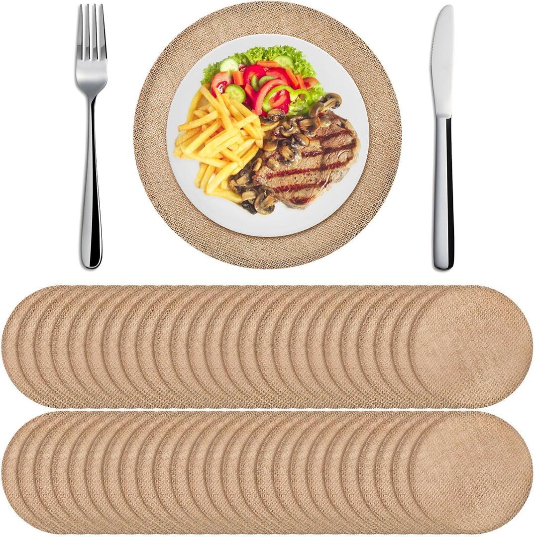 Yunlly 48 Pcs 15 Inches Round Burlap Placemats Bulk Burlap Farmhouse Placemats Set Heat Resistant Table Mats Circle Jute Charger Place Mats for Wedding Holiday Dinner Rustic Table Decorations(Brown)