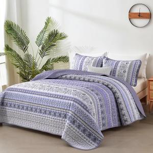 Lilac Boho Quilt Set King Size,3 Piece Light Purple Bohemian Striped Bedspread Coverlet Set with 2 Pillow Cases Lightweight Soft Microfiber Bedding Set for All Seasons (104"x90")