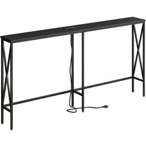 Masupu 63" Console Table with Power Outlet, Modern Narrow Long Sofa Table Behind Couch, Skinny Entry Table, Industrial Sofa Table with Metal Frame for Hallway, Living Room, Classic Black, 8" W x 63"L x 31.7" H