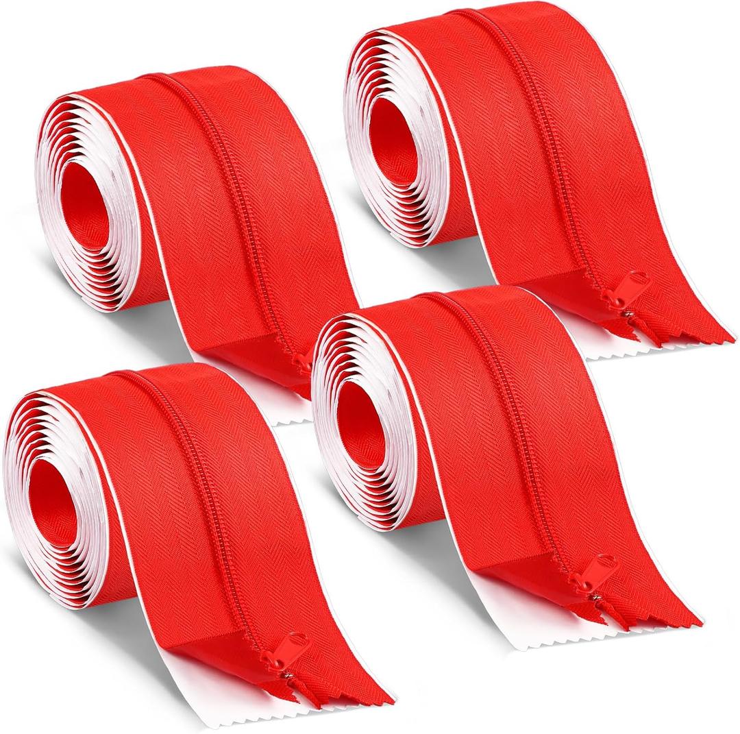 XunYee 4 Roll 7 ft x 3 Inches Red Containment Zipper for Dust Barriers with Double Side Self Adhesive Instant Door Zipper for Greenhouse Dust Barriers Tent