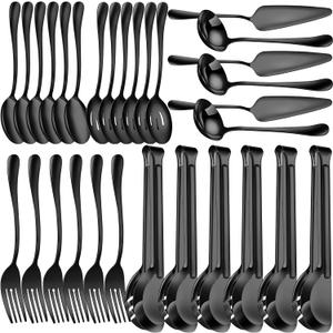 Thenshop 30 Pcs Stainless Steel Serving Utensils Set Flatware Set Include Large Serving Spoons Slotted Spoons Forks Soup Ladle Pie Server and Tongs for Buffet Party(Black)