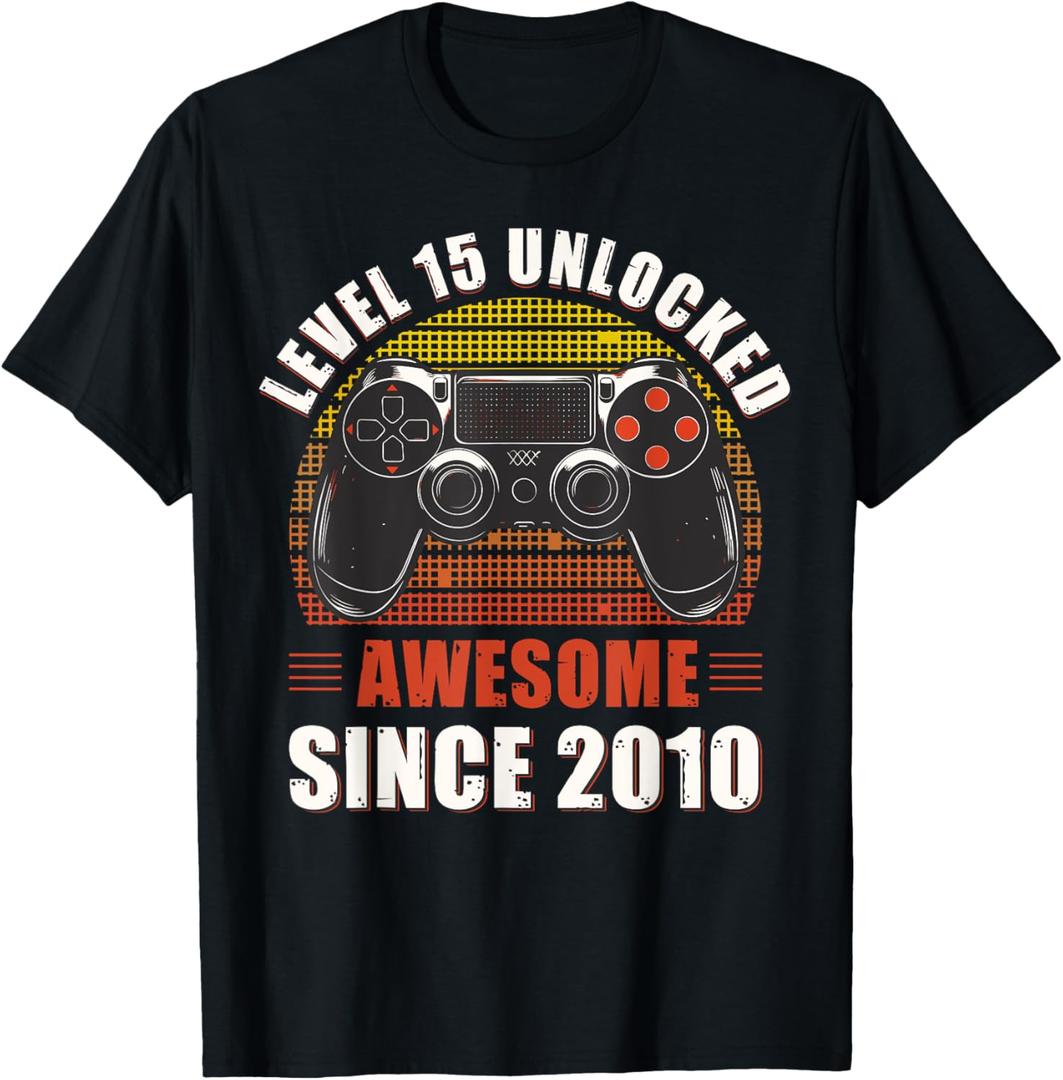 Level 15 Unlocked Awesome Since 2010 Video Gamer 15 Birthday T-Shirt (Small, Black)