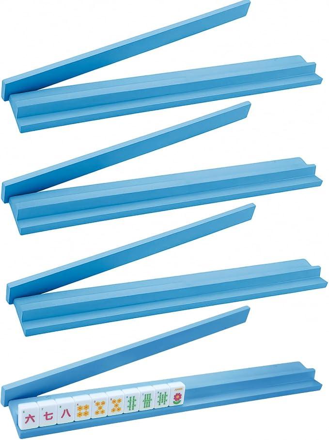 Leinuosen Wooden Mahjong Racks with Pushers 4 Set Magnet American Mahjong Tile Rack and Magnetically Attached Pushers Painted Tile Holders for Players Gift Family Night(Light Blue)