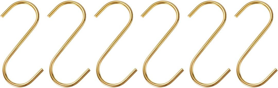 HARFINGTON 6pcs Long S Hooks 4 Inch Extra Long Metal S-Shaped Hanging Hooks High Manganese Steel S Hanger Storage Organizing Tool for Kitchen Garden Bathroom Garage Closet, Gold Tone