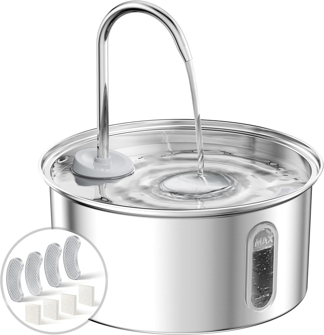 Cat Water Fountain Stainless Steel, 108oz/3.2L Cat Fountain for Drinking, Pet Fountain Water Bowl Dog Drinking Dispenser, Super Quiet Kitty Spout with 4 Filters 4 Sponges (One in Filter Tray)