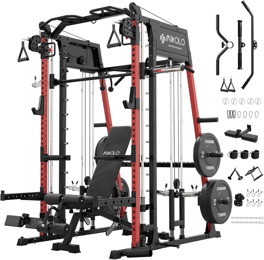 Mikolo M4 2.0 Smith Machine, 2200lbs Squat Rack with LAT-Pull Down System & Cable Crossover Machine, Training Equipment with Leg Hold-Down Attachment (Red)