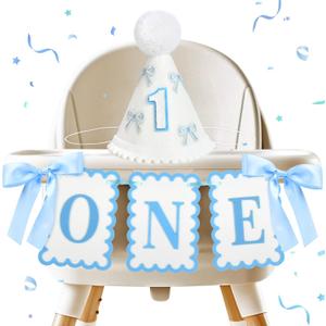 Blue Bow ONE High Chair Banner and Hat for Boy-1st Birthday Decorations-High Chair Banner Set with One Year Old Hat-Boy First Birthday Decorations