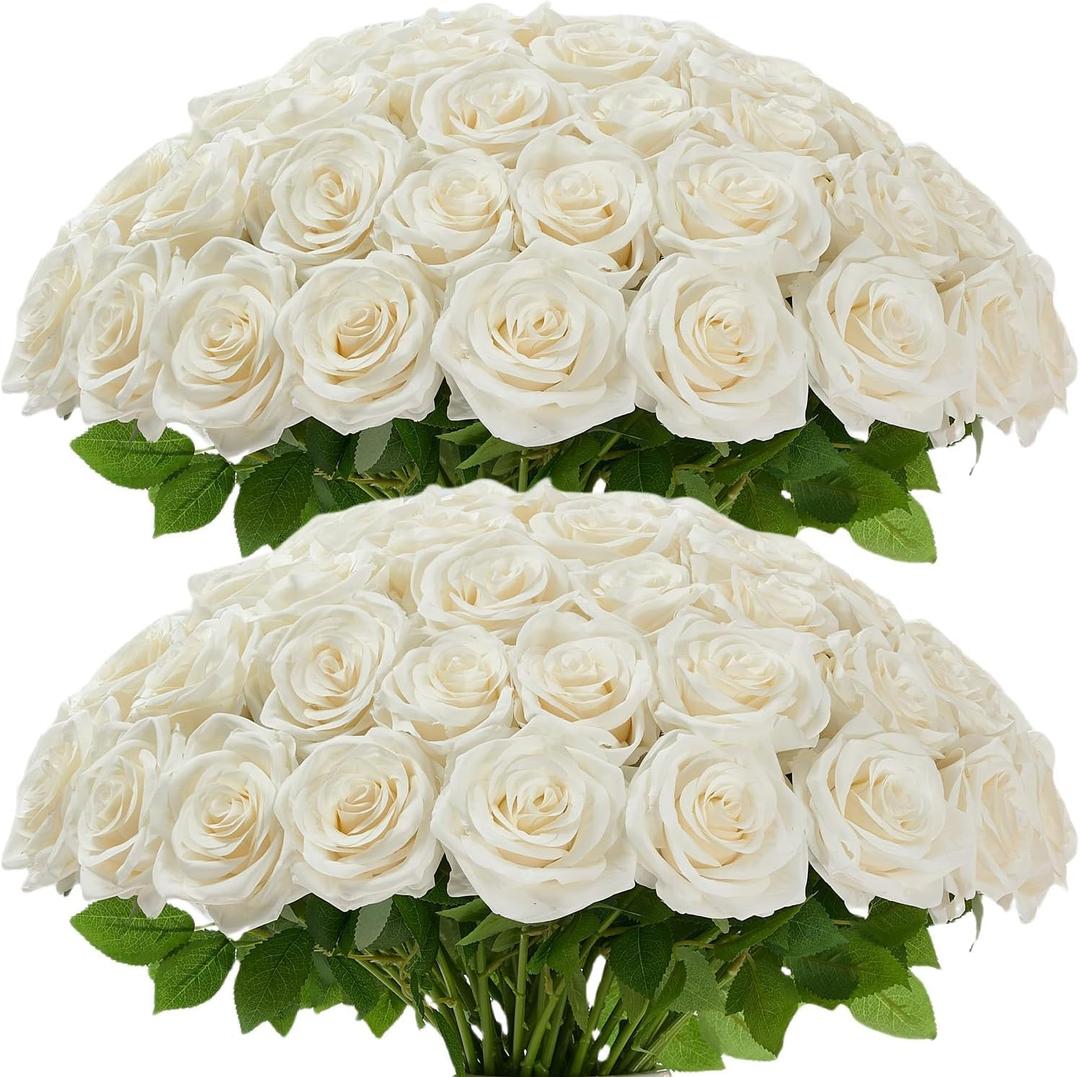 100 Pcs White Rose Artificial Flowers Bulk, Ivory Silk Fake Roses with Long Stem for Wedding Decoration, Bridal Bouquets, DIY Flower Wall, Party Table Centerpieces, Home Decor